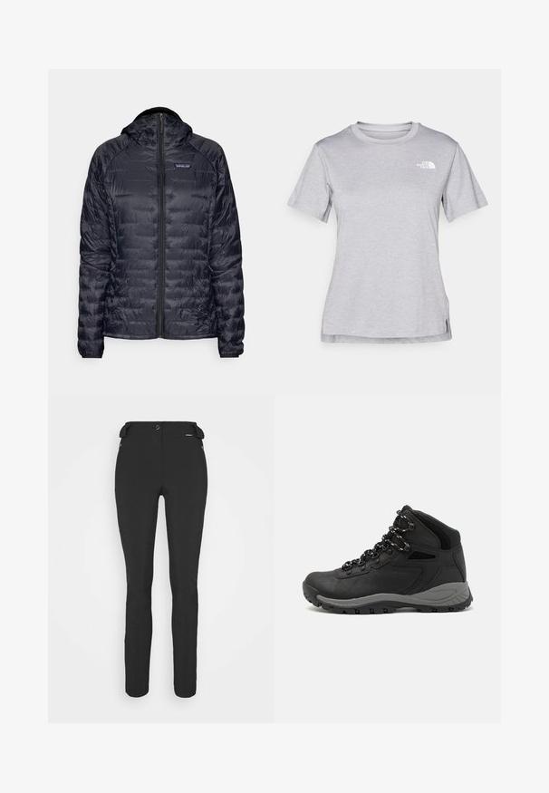 Tamsiai mėlynas pūkinis džemperis, pagamintas iš lengvos medžiagos, su gobtuvu, priekiniu užtrauktuku ir suklijuotu raštu su siuvinėtomis sekcijomis.; Pilkas trumpomis rankovėmis marškinėliai, pagaminti iš minkštos, drėgmę sugeriančios medžiagos. Turi apvalią iškirptę ir mažą baltą logotipą viršutiniame kairiajame kampe.; Juodos, prigludusios kelnės, pagamintos iš lankstaus medžiagos. Ypatybės: šoninis kišenės užtrauktuku, suformuotos kelių sritys ir lygi tekstūra.; Juodas žygio botas su vidutinio aukščio dizainu, pasižymintis tekstūruota viršutine dalimi, pilkų akcentų ir patvaria guma padanga su sukibimo gumbais.