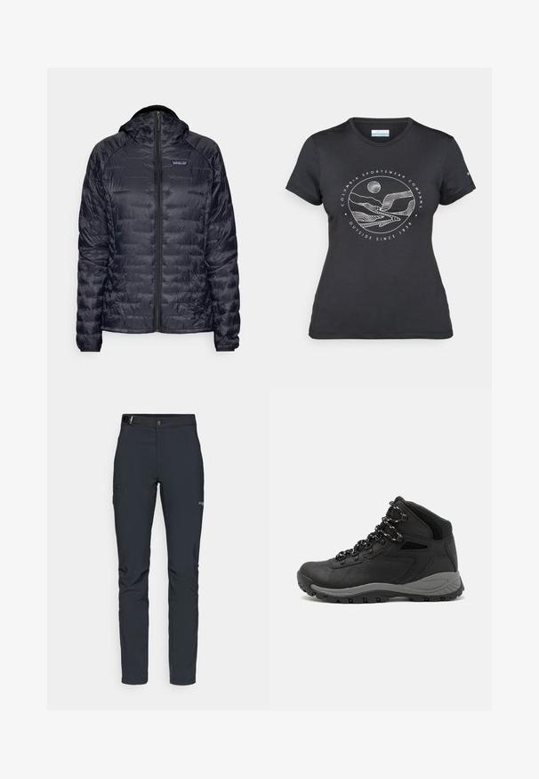 Tumši zila pūkaina jaka, izgatavota no viegla auduma, ar kapuci, priekšējo rāvējslēdzēju un izšūtu rakstu ar šūtām daļām.; Melnā Columbia T-kreklā ar baltu apļa kalnu un upes kontūru mākslu, kā arī tekstu "Columbia Sportswear Company Outside Since 1938."; Vīriešu āra bikses, tumši pelēkā krāsā, izgatavotas no elastīga materiāla, ar jostu, kabatām ar rāvējslēdzēju un pastiprinātām šuvēm.; Melni pārgājienu zābaki ar vidēju augstumu, ar teksturētu augšdaļu, pelēkiem akcentiem un izturīgu gumijas zoli ar saķeres izvirzījumiem.