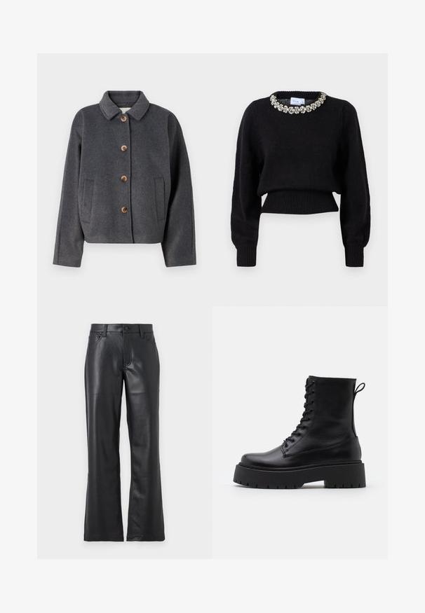 Grå ullblandingsjakke med krage, fem treknapper, to sidelommer og en kort design. Myk tekstur med en subtil finish.; Svart avkortet genser laget av strikket stoff, med lange ermer og dekorativ perlekant ved nakken. Ribbestrikkede mansjetter og nederkant.; Sorte lærbukser med en udvidet design, der har forlommer, bæltestropper og en knaplukning. Glat tekstur med synlig syning.; Sorte skinn ankelstøvler med rund tå, snøring foran og tykk gummisåle med teksturert mønster. Håndtak bak.