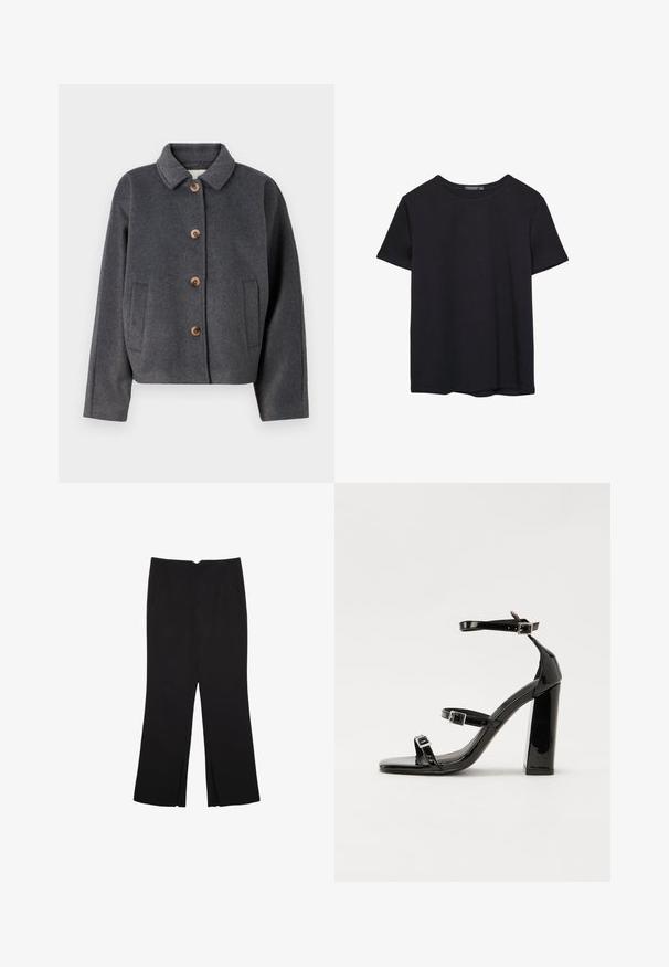 Gråullblandad jacka med krage, fem träknappar, två sidofickor och en kortad design. Mjuk textur med en subtil finish.; En enkel svart bomulls T-shirt med kort ärm och rund hals, uppvisad på en vit bakgrund.; Svarta byxor med rak passform, utrustade med framfickor och sidoklyvningar vid fållen. Tillverkade av mjukt, slätt tyg. Lämpliga för olika tillfällen.; Svarta lackerade högklackade sandaler med två spännband, fyrkantig tå och en tjock klack, med en slät och glansig yta.