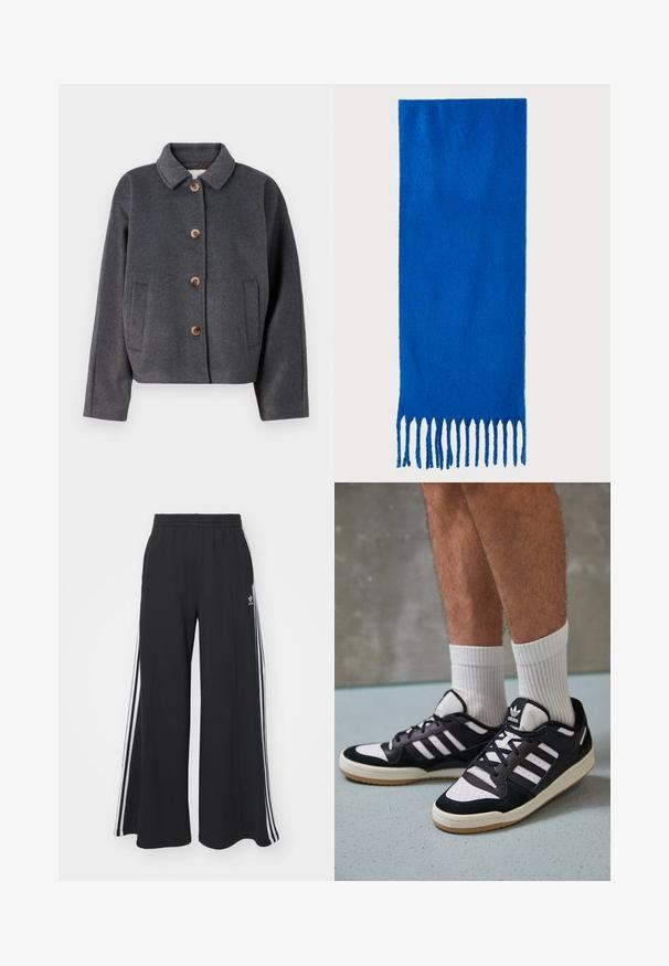 Grå ullblandingsjakke med krage, fem treknapper, to sidelommer og en kort design. Myk tekstur med en subtil finish.; Svart langermet skjorte med V-hals, med vertikale striper, hvite detaljer og tre hvite striper på hver erme. Lite logo på brystet.; Svart vide joggebukser med elastisk midjebånd, med hvite sidestriper og brodert logo på venstre lår.; Sorte og hvite sneakers med overdel i semsket skinn og lær, med tre hvite striper, perforert tå og en såle av gummi.; Blå frynset skjerf laget av myk stoff; har en ensfarget overflate med en teksturert overflate og jevnt klipte frynser nederst.