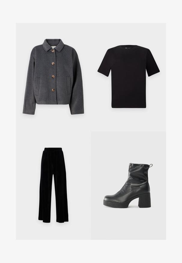Grå ullblandingsjakke med krage, fem treknapper, to sidelommer og en kort design. Myk tekstur med en subtil finish.; Svart t-skjorte med korte ermer og rund hals, laget av mykt bomullsstoff. Enkelt design, ingen synlige logoer eller mønstre.; Sorte vide bukser laget av myk vernet, med elastisk midjebånd og en jevn tekstur, uten synlige detaljer eller mønstre.; Svarte ankelstøvler laget av glatt lær, med glidelås på siden, chunky strukturert hæl, og rund tå-design.