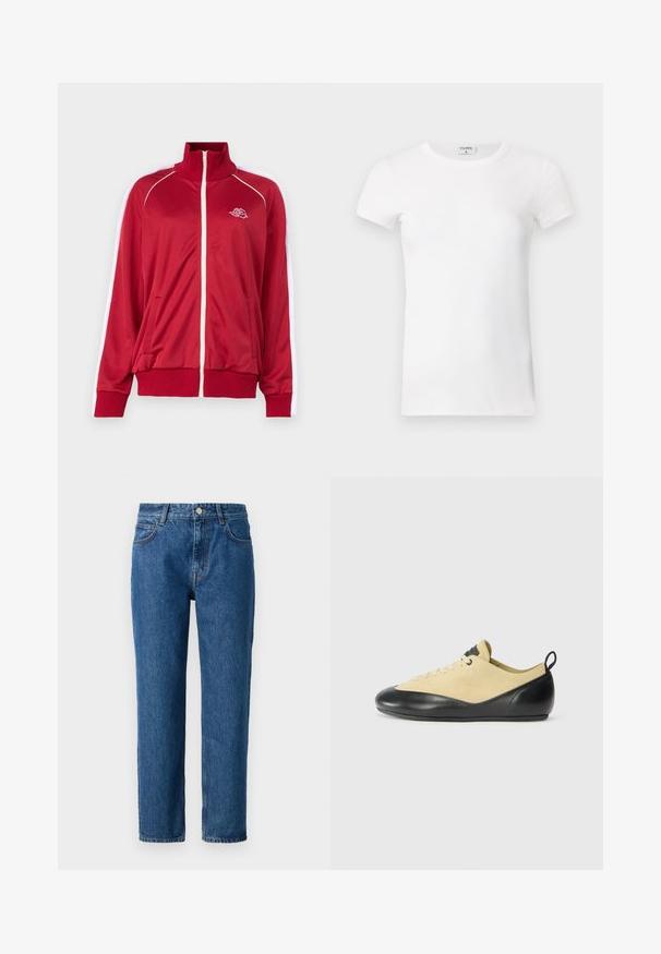 Sarkans zip-up džemperis ar augstu apkakli, baltas akcenti uz pleciem, divas priekšējās kabatas un ribota aproce un apakša. Uz krūškurvja ir izšūts logs.; Balts ribots īsām piedurknēm T-krekls ar apaļu kaklu. Audumam ir gluda virsma un tas ir pieguļošs. Zīmola etiķete redzama pie apkakles.; Zila denim džinsu bikses ar taisnu kāju griezumu, kas aprīkotas ar pogu aizdari, jostas cilpiņām un priekšējiem kabatām. Izgatavotas no teksturēta kokvilnas auduma.; Kāpšanas apavi no brūna zamša ar melnu gumijas purngali, ar auklām un ar vilkšanas cilpu uz papēža vieglai uzvilkšanai. Sleek un zema profila dizains.