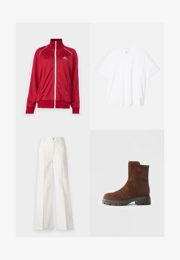 Raudona užtrauktuku segama striukė su aukštu apykakle, baltais akcentais ant pečių, dviem priekinėmis kišenėmis ir guma apdailinta klešnėmis bei apačia. Ant krūtinės yra siuvinėtų logotipas.; Balta medvilnės marškinėliai trumpomis rankovėmis, apvalia iškirpte, laisvo kirpimo ir su siūtu kraštu. Etiketė matoma vidinėje iškirptės pusėje.; Balti platūs baltos spalvos keliai, pagaminti iš medvilnės su lygiu paviršiumi. Yra priekinis mygtukas, užtrauktukas ir keturi kišenės.; Rudos suedes batai iki kulkšnių su elastingais šonų intarpais, apvaliu nosiu ir stora gumuota pašluota, turinčia tekstūruotą protektorių.