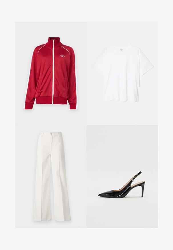Red zip-up jacket with high collar, white accents on shoulders, two front pockets, and ribbed cuffs and hem. Features embroidered logo on chest.; White cotton t-shirt with short sleeves, round neckline, relaxed fit, and stitched hem. Label visible on the inside neck.; White wide-leg trousers made from cotton with a smooth texture. Features a front button, zipper fly, and four-pocket design.; Black patent leather slingback pump with pointed toe, slim heel, and a subtle cutout design. Features a gold buckle on the strap.