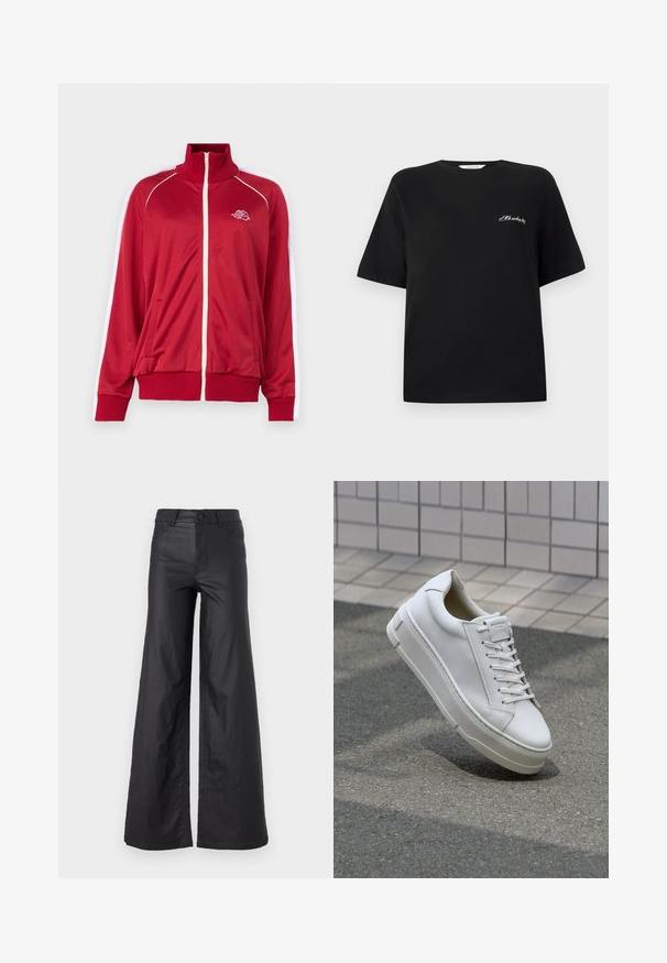 Raudona užtrauktuku segama striukė su aukštu apykakle, baltais akcentais ant pečių, dviem priekinėmis kišenėmis ir guma apdailinta klešnėmis bei apačia. Ant krūtinės yra siuvinėtų logotipas.; Juodas medvilninis marškinėliai su trumpomis rankovėmis ir apvalia iškirpte. Kairėje krūtinės pusėje yra balti siuvinėtos tekstas. Lygus paviršius.; Juodos, plačios kelnės iš dirbtinės odos. Yra aukštas liemuo, kilpelės diržui, dvi priekinės kišenės ir siuvinėti detalėmis.; Balti odiniai sportbačiai su žemu dizainu, plokščiais raišteliais, apvaliu pirštu ir tekstūruotomis šoninėmis dalimis. Storas guminis padas su subtiliais akcentais.