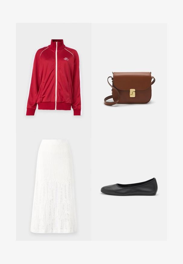 Jachetă roșie cu fermoar, cu guler înalt, accente albe pe umeri, două buzunare frontale și manșete și tiv cu nervuri. Are logo-ul brodat pe piept.; Tricou alb cu mânecă lungă, din bumbac cu dungi, având decolteu rotund și tiv drept. Design simplu, fără modele sau accente.; Fustă midi tricotată albă, cu un model texturat ce include linii verticale și detalii decupate aproape de tiv. Talie elastică. Material moale.; Balerini din piele neagră, cu vârf rotund, textură netedă, detalii de cusătură minimale și un design al tălpii flexibil.; Geantă de piele maro cu închidere tip capac, accesorii de culoare aurie, curea de umăr și o textură netedă. Formă compactă și rectangulară.