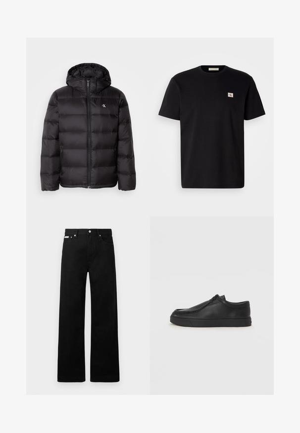 Czarna kurtka puchowa z kapturem, z pikowanym wzorem, zamkiem błyskawicznym z przodu i dwoma bocznymi kieszeniami. Małe logo na piersi.; Czarny bawełniany t-shirt z krótkim rękawem, okrągłym dekoltem i małym haftowanym logo po lewej stronie klatki piersiowej. Gładka tekstura, regularny krój.; Czarne dżinsowe spodnie o szerokim kroju, z pięcioma kieszeniami i metalowymi guzikami. Gładka tekstura, bez widocznych wzorów.; Czarne skórzane buty wsuwane z okrągłym noskiem, przeszyciami i czarną gumową podeszwą. Gładka faktura z minimalistycznym wzornictwem.