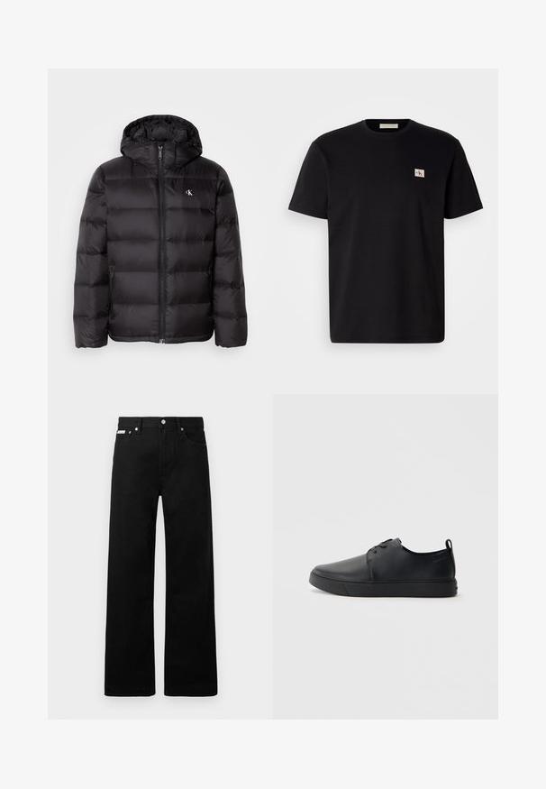 Schwarze Steppdaunenjacke mit Kapuze, mit gestepptem Design, Reißverschluss vorne und zwei Seitentaschen. Kleines Logo auf der Brust.; Schwarzes Baumwoll-T-Shirt mit kurzen Ärmeln, Rundhalsausschnitt und kleinem gesticktem Logo auf der linken Brust. Geschmeidige Textur, normale Passform.; Schwarze Denim-Hose im weiten Bein-Design mit fünf Taschen und metallenen Knopfdetails. Glatte Textur, ohne sichtbare Muster.; Schwarze Leder-Sneaker mit glatter Oberfläche, abgerundeter Zehenpartie, gleichfarbiger Nähte, schnürbarem Vorderteil und flacher Gummisohle. Schlaufe an der Ferse.
