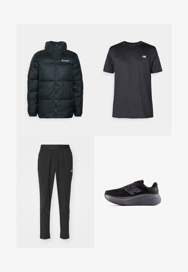 Giacca a vento nera con colletto alto, chiusura con zip e sezione trapuntata. Presenta polsini elasticizzati e un piccolo logo sul petto.; New Balance T-Shirt sport - black; Pantaloni sportivi neri realizzati in materiale leggero, con una vita elastica, design affusolato e un discreto dettaglio del logo sul lato.; Scarpa sportiva nera con tomaia texture, tallone rinforzato e una suola grigia spessa. Caratterizzata da un logo "N" prominente.
