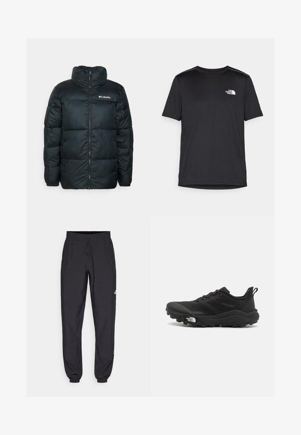 Geacă puffer neagră cu guler înalt, închidere cu fermoar și secțiuni matlasate. Prezintă manșete elastice și un mic logo pe piept.; Tricou negru cu mânecă scurtă, realizat dintr-un material ușor. Prezintă un mic logo alb pe pieptul stâng și accente subtile pe umeri.; Pantaloni atletici negri, confecționați dintr-un material ușor, cu un tiv elastic la talie, buzunare laterale și tivuri ajustate la gleznă.; Pantofii de alergare pe teren accidentat, de culoare neagră, cu un superior texturat, talpă din cauciuc și vârf întărit. Prezintă un guler căptușit și o bandă de prindere pentru îmbrăcare ușoară.