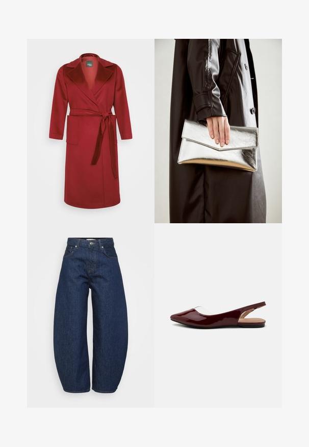 Červený kabát ze směsi vlny s dlouhými rukávy, klopovým límcem, páskem v pase a dvěma předními kapsami. Hladká textura a délka ke kolenům.; Even&Odd Petite 2 PACK - Top - light grey/black; Tmavě modré džínové kalhoty s širokým, volným střihem. Mají zipový rozparek, čtyři kapsy a kontrastní prošití podél švů.; Burgundy lakované slingback baleríny s špičatou špičkou, průhledným výřezem a plochou černou podrážkou. Hladký povrch, minimalistický design.; Stříbrná metalická kabelka ve tvaru klínového obálkového designu, hladké textury a s kontrastní barvou uvnitř, držena v ruce s černým kabátem.; Stříbrný kruhový náušník s lesklým povrchem, zdobený malými zlatými akcenty, v kulatém tvaru, nošený na lalůčku.