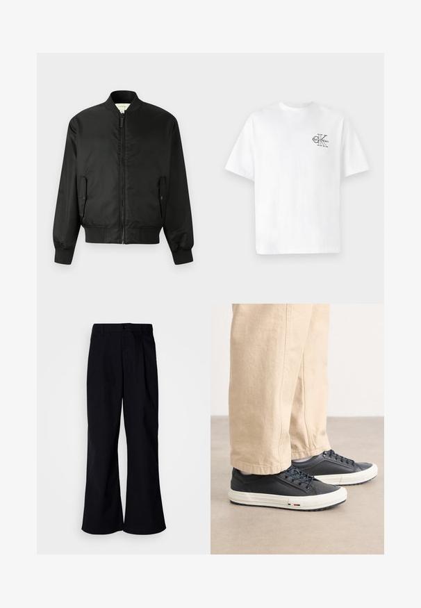Must musta jope, mis on valmistatud siledast nailonist, lukuga esiosa, soonikkoes varrukad ja alumine äär ning küljetaskud klappide kinnitusega.; Valge puuvillane T-särk lühikeste varrukatega, ümmarguse kaelusega, mille vasakul rinnal on must CK logo, tavaprofiil, sile tekstuur.; Mustad laiad püksid puuvillast, ees voldiga, nupuga kinnitamine ja vöökohaga, sile tekstuur ning ilma nähtavate mustriteta.; Tumed sinised tennisekotid sileda naha ülemise osaga, valge kummist talla ja detailsete paeltega. Kombineeritud beežide, laba üleulatuvate pükstega.