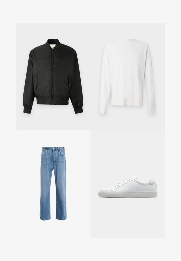 Black bomber jacket made of smooth nylon with a zip front, ribbed cuffs and hem, and side pockets with flap closures.; Long-sleeved white cotton shirt with a round neckline, side slits at the bottom, and a smooth texture, displayed from the back.; Light blue denim jeans with a straight-leg design, five pockets, button closure, minimal fading, and contrasting stitching details.; White sneaker with a smooth leather upper and a low profile. Features a rounded toe, six eyelets, and a textured rubber sole.