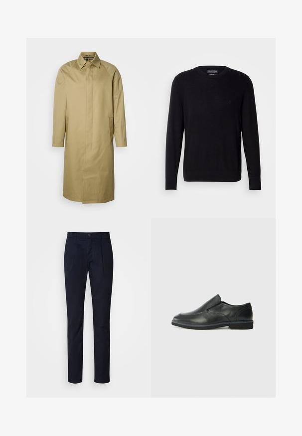 Beige trenchcoat van gladde stof, met een spitse kraag, lange mouwen en zijzakken. Eenvoudig, recht gesneden ontwerp zonder versieringen.; Zwarte gebreide trui met ronde hals, lange mouwen en geribbelde manchetten. Voorzien van een subtiel logo op de borst. Zachte stoftextuur.; Donkerblauwe slim fit broek met plooien aan de voorkant, sluiting met knoop en rits, ceintuurlussen en rechte pijpen.; Zwarte leren instapper met een soepele bovenkant, gestikte accenten, ronde neus en een lage rubberen hak. De zool heeft minimale profiel.
