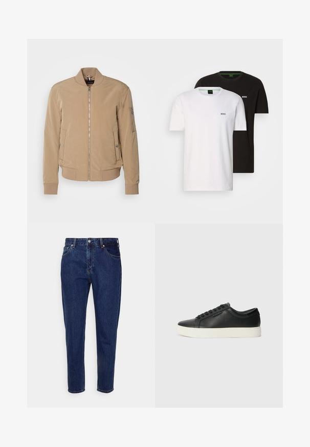 Tan bomber jacket with a smooth texture, zip closure, side pockets, and ribbed cuffs. Features a stand collar and a subtle brand logo.; Two cotton t-shirts in black and white, featuring a crew neck and a small logo on the chest. Both have short sleeves and a straight cut.; Dark blue denim jeans with a straight-leg design, five pockets, and a button-fly closure. Features subtle fading and stitch detailing.; Black leather sneakers with perforated texture, round toe, and flat white rubber sole. Features black laces and a subtle logo on the side.