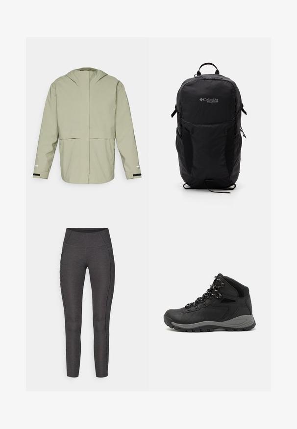 Svetlozelená nepremokavá bunda s predným zipsom, nastaviteľnou kapucňou a elastickými manžetami. Má minimalistický dizajn bez viditeľných vzorov.; Sivý tričko s krátkym rukávom vyrobené z jemného, vlhkosť odvádzajúceho materiálu. Obsahuje okrúhly výstrih a malé biele logo na hornej ľavej strane.; Vysoké legíny v tmavosivej farbe, vyrobené z textúrovaného materiálu. Majú priliehavý strih a bočné vrecká na úložný priestor.; Čierna turistická obuv s polovičným strihom, s textúrovaným zvrškom, šedými akcentmi a odolnou gumovou podrážkou s protišmykovými hrebienkami.; Čierny batoh Columbia Titanium s hladkou textúrou látky, bočnými vreckami, hornou rukoväťou a nastaviteľnými popruhmi. Minimalistický dizajn s nenápadným brandingom.