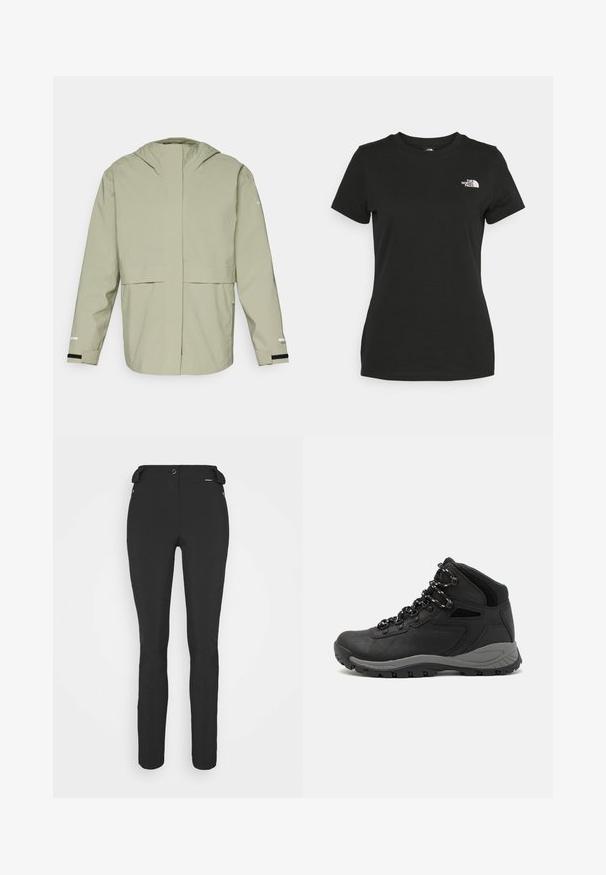 Lys grøn vandtæt jakke med frontlynlås, justerbar hætte og elastiske manchetter. Har et minimalistisk design uden synlige mønstre.; Sort bomulds T-shirt med rund halsudskæring og korte ærmer. Bemærkelsesværdig hvid logo på øverste venstre side. Glat tekstur, afslappet pasform.; Sorte, tætsiddende bukser lavet af et fleksibelt materiale. Funktioner inkluderer en lynlåslomme i siden, artikulerede knæ og en glat tekstur.; Sort vandrestøvle med en mellem-højde design, der har en tekstureret overdel, grå detaljer og en holdbar gummisål med skridsikre klodser.