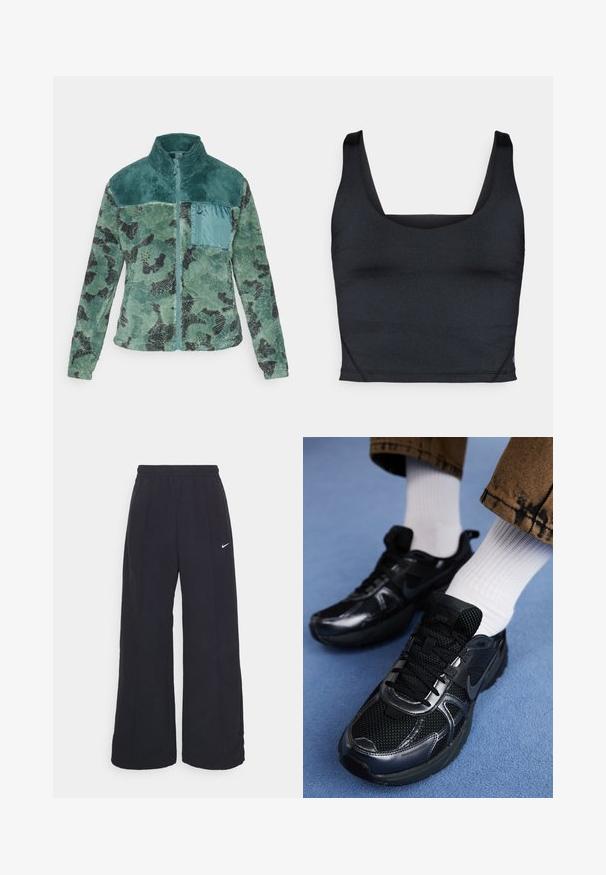 Green camouflage zip-up jacket with a high collar, made of textured fabric. Features a contrasting teal pocket and design accents.; Black cropped tank top featuring a smooth, stretchy fabric, wide shoulder straps, and a square neckline with minimal stitching details.; Black wide-leg pants with an elastic waistband and a small white Nike logo. Fabric has a smooth texture, designed for comfort and casual wear.; Black Nike sneakers with mesh and synthetic material, featuring a textured upper, black laces, and durable rubber soles. White ribbed socks visible.