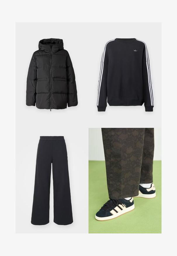 Casaco puffer preto com capuz, fecho com zipper na frente e costura horizontal para isolamento. Textura suave com formato boxy.; Sweatshirt preta de manga comprida, com riscas brancas a correr ao longo de cada braço e um pequeno logótipo cinza no peito. Material de algodão, corte casual.; Calças de fato largas, pretas, feitas de tecido macio, com uma cintura elástica e um pequeno logótipo do lado esquerdo.; Calças pretas com padrão, combinadas com ténis de camurça azul-marinho com riscas creme e solas brancas. As superfícies mostradas são texturizadas e planas.