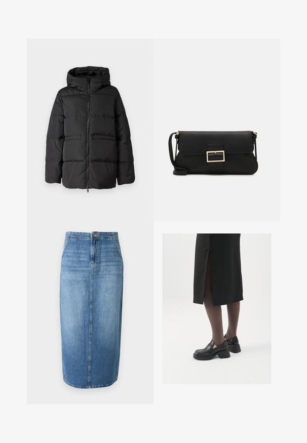 Svart puffjacka med huva, framdragkedja och horisontell sömnad för isolering. Slät textur med en boxig form.; JDY JDYDINEA L/S REVERSIBLE - Stickad tröja - fern; Jeanskjol i ljusblått med rak skärning, framknäppning och subtila blekningar. Nederkanten går precis över knäet.; Svarta läderskor med rund tå, tjock klack utan häl och elastiska sidodetaljer, kombinerat med mörka strumpbyxor och en svart kjol med slits.; Svart läderkuvertväska med en klaff och detalj i guldmetallspänne. Innehåller en svart rem och en elegant, minimalistisk design.
