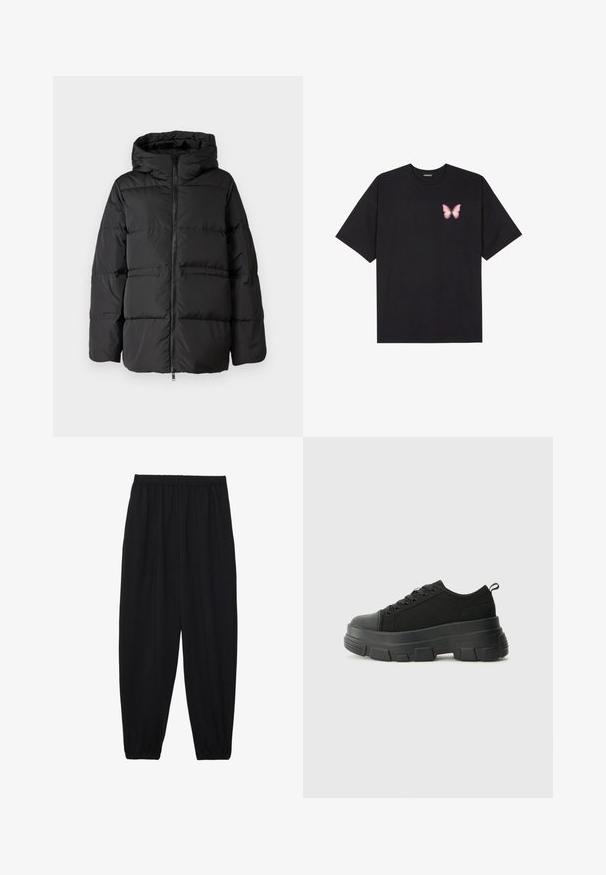 Svart dunjakke med hette, frontglidning og horisontal søm for isolasjon. Glatt tekstur med en boksformet fasong.; Svart bomulls T-skjorte med korte ermer, med en liten rosa sommerfugl grafikk på venstre bryst. Crew-neck design med en avslappet passform.; Svarte, lette bukser med elastisk liv og rynkede ankler. Stoffet er glatt og har en avslappet, innsvingt design.; Svarte sneakers med en kraftig gummisåle, teksturert stoffoverdel, rund tå og snøring. Har forsterkede snørehull og bakre trekkstang.