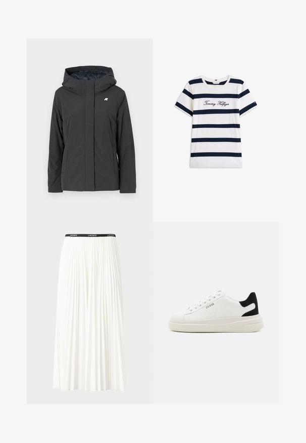Giacca con cappuccio grigio scuro caratterizzata da una texture liscia e opaca, zip frontale e design minimalista con un piccolo logo sul petto.; T-shirt in cotone con righe orizzontali blu navy su sfondo bianco. "Tommy Hilfiger" ricamato in corsivo sul petto. Collo a giro.; Gonna bianca plissettata con elastico nero in vita che presenta il logo "LACOSTE". Design di lunghezza media con texture morbida.; Sneaker bianchi in pelle con suola spessa bianca, accento in suede nero sul tallone e logo impresso sul lato. Design con lacci e sei fori per i lacci.