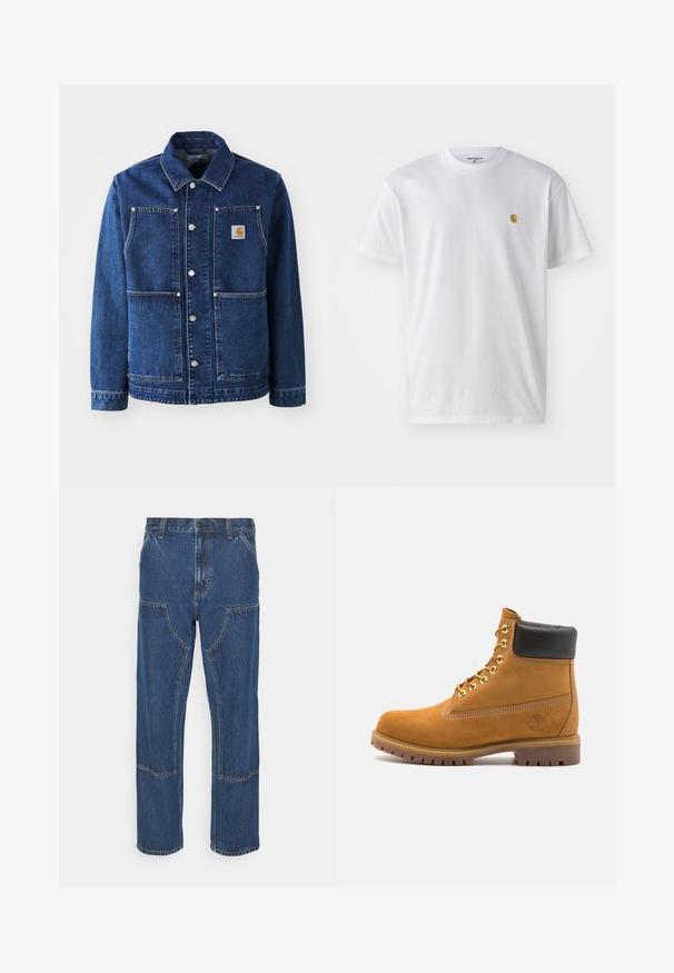 Denim jakna v temno modri barvi s klasičnim ovratnikom, sponkami, dvema sprednjima žepoma in aplikacijo logotipa na levi strani prsnega koša.; Bela bombažna majica s kratkimi rokavi, krožnim ovratnikom, z majhnim zlatim logotipom na levem prsnem predelu. Mehka tekstura in običajen kroj.; Modre kavbojke z ravnimi hlačnicami, sprednjimi žepi in kontrastnim šivanjem. Tkanina ima klasično teksturo in videz.; Svetlo rjave anklne čizme iz semiša z črnim oblazinjenim ovratnikom, zlatimi kovinskimi očesci, belimi šivi in robustnim gumijastim podplatom s izrazitimi tredi.