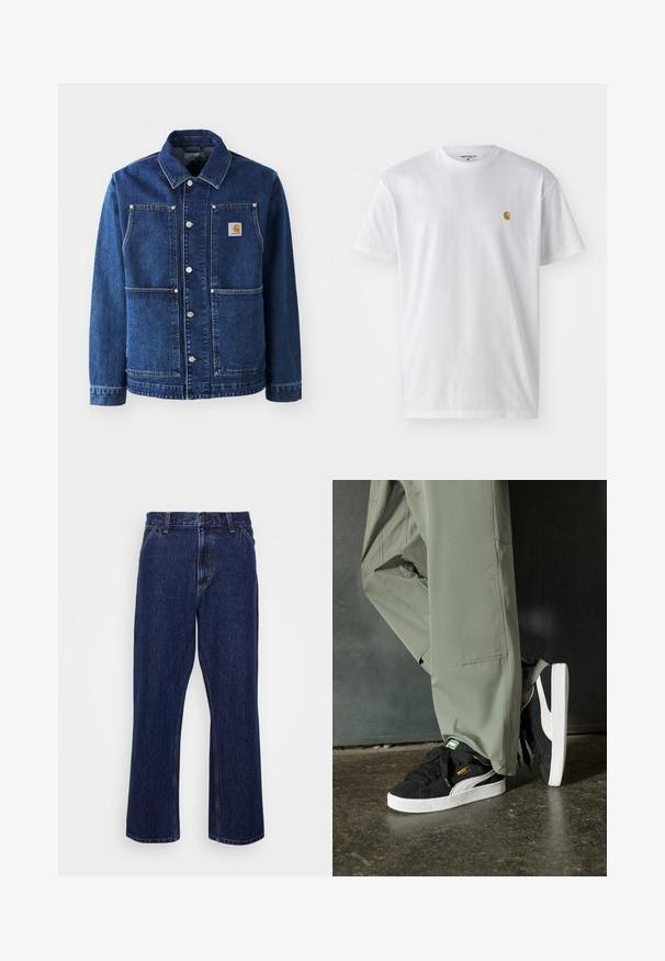 Donkerblauwe spijkerjasje met een klassieke kraag, drukknoopsluiting, twee voorzakken en een merklogo op de linkerkant van de borst.; Witte katoenen t-shirt met korte mouwen en ronde hals, voorzien van een klein gouden logo op de linkerkant van de borst. Zachte textuur en een normale pasvorm.; Donkerblauwe denim jeans met een recht-uitlopende pasvorm, voorzien van een knoopsluiting, vijf zakken en subtiele stikseldetails.; Zwarte suède sneakers met witte rubberen zolen en zijstrepen, gecombineerd met lichtgroene cargobroeken, staande op een gestructureerd donker oppervlak.