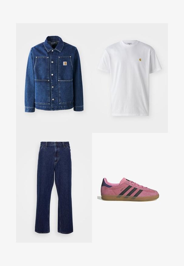 Denim jakna v temno modri barvi s klasičnim ovratnikom, sponkami, dvema sprednjima žepoma in aplikacijo logotipa na levi strani prsnega koša.; Bela bombažna majica s kratkimi rokavi, krožnim ovratnikom, z majhnim zlatim logotipom na levem prsnem predelu. Mehka tekstura in običajen kroj.; Temno modri jeans iz denima s ravno nogavico, z gumbnim zapiranjem, petimi žepi in subtilnimi šivi.; Roza semišna tenisača z črnimi stripe, gumijastim podplatom in teksturiranim vijoličastim petnim delom. Ima vezalni dizajn in embosirano blagovno znamko na strani.