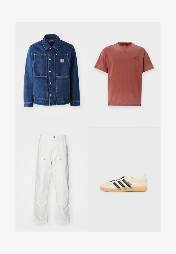 Traper jakna tamnoplave boje s klasičnom ovratnikom, dugmadi na preklapanje, dva prednja džepa i logom na zakrpi na lijevoj strani prsiju.; Majica kratkih rukava s okruglim izrezom u izblijedjelom crvenkastom tonu, napravljena od mekog pamuka s suptilnim otiskom loga na prsima i vidljivim detaljima šivanja.; Bijele pamučne cargo hlače s opuštenim krojem. Značajke uključuju prednje džepove, zlatne detalje i ojačane dijelove koljena.; Svijetlosmeđi tenisice s crnim dizajnom tri pruga, teksturirana gornja strana, okrugli vrh i đon od gume. Ima vezice i brendiranje sa strane.