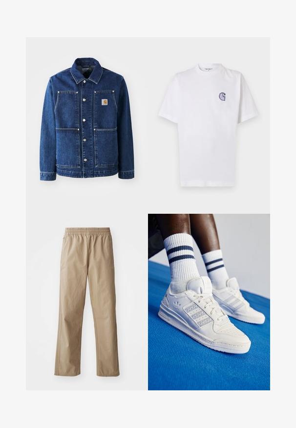 Tumši zila džinsu jaka ar klasisku apkakli, spiedpogām, divām priekšējām kabatām un žaketes logo kreisajā krūtī.; Balts kokvilnas T-krekls ar īsām piedurknēm, apaļu kakla izgriezumu un nelielu izšūtu zilu "C" logotipu kreisajā krūšu daļā.; Bēšas krāsas vieglas bikses ar elastīgu jostu, taisnām kājām un sānu kabatām. Gluda tekstūra ar smalkām šuvēm.; Baltas ādas sneakeri ar perforētiem akcentiem, trim metāliskiem svītrām un strukturētu sānu paneļu. Valkāti ar baltiem zeķēm, uz kurām ir zilas svītras.