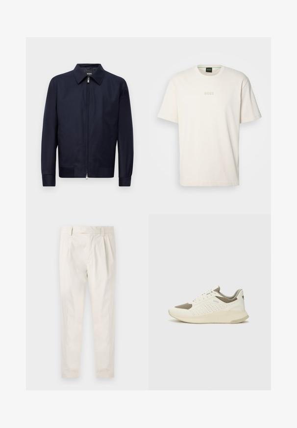 Sötétkék cipzáras dzseki gallérral, hosszú ujjal és két elülső zsebbel, sima fehér háttér előtt kiemelve.; BOSS TEE - Basic póló - open white; Fehér, pliszírozott nadrág, testre szabott szabással, sima felülettel, övhurkokkal és karcsú lábszárral. Nincs látható zseb vagy minta.; Fehér és világos bézs sportcipő, légies hálós felsőrésszel, perforált részletekkel és texturált középtalppal, amelyen a saroknál a márka logója található.