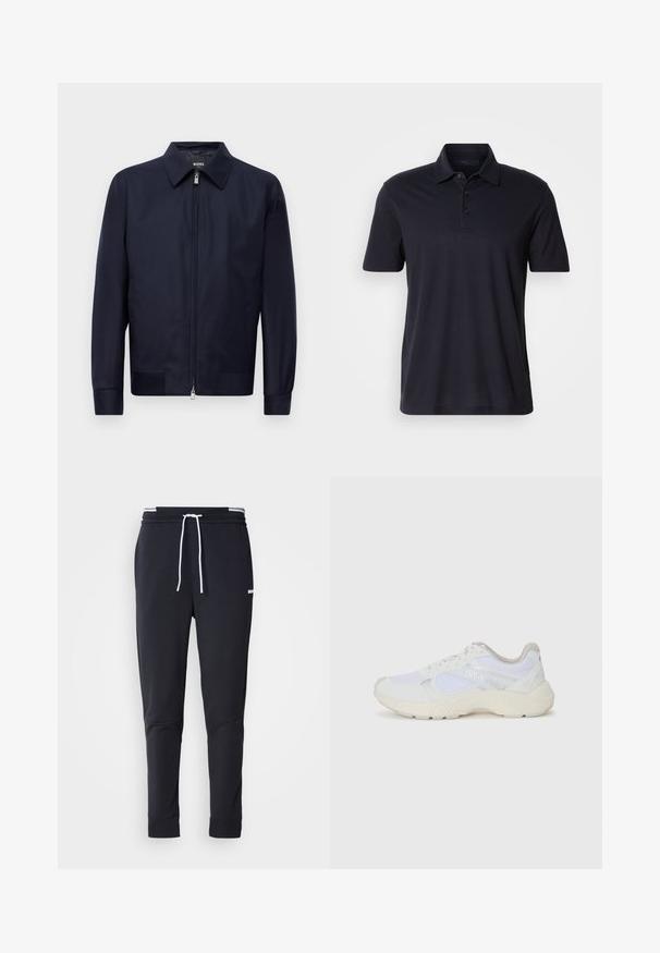 Navy blue zip-up jacket with a collar, long sleeves, and two front pockets, displayed against a plain white background.; Dark navy short-sleeve polo shirt with a collar and three-button placket, displayed on a plain light background.; Black slim-fit jogger pants with white drawstring, elastic waistband with white stripes, and small white logo on the upper thigh.; White athletic shoes made of mesh and suede, featuring a textured midsole, textured accents, and "HUGO" logo on the side.