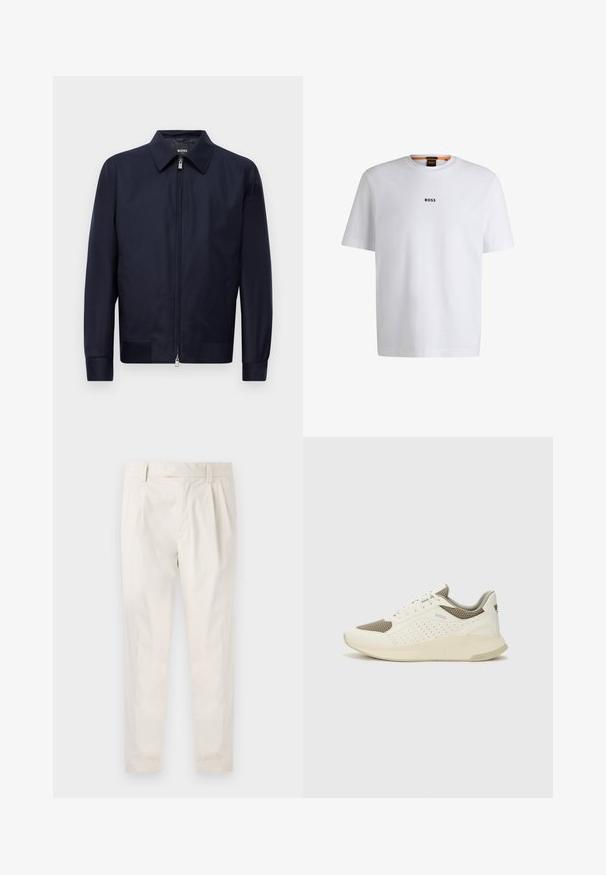 Tamsiai mėlynas zip-up švarkas su apykakle, ilgomis rankovėmis ir dviem priekinėmis kišenėmis, rodomas prieš balta fono.; Balta medvilninė marškinėliai trumpomis rankovėmis, su juodu "BOSS" logotipu, centruotu ant krūtinės, ir apvaliu kaklo dizainu.; Balti, susiūtos kelnes, turinčios pritaikytą siluetą, pasižyminčias lygia tekstūra, dirželio kilpomis ir siaurėjančiomis kojomis. Nėra matomų kišenių ar raštų.; Baltas ir šviesiai bežinis sportinis kedas, su tinklo viršumi, perforuotais detalėmis ir tekstūruotu tarpine su logotipu ant kulno.