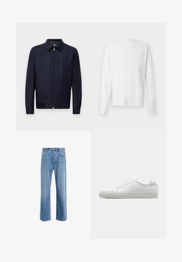 Mornarško modra zip-up jakna s ovratnikom, dolgimi rokavi in dvema sprednjima žepoma, prikazana na enobarvni beli podlagi.; Bela bombažna srajca z dolgimi rokavi in okroglo ovratnikom, z bočnimi razporki na dnu in gladko teksturo, prikazana s hrbtne strani.; Svetlo modre denim kavbojke s ravno nogavico, petimi žepi, z gumbom za zapiranje, minimalnim zbledelostjo in kontrastnimi šivi.; Bela športna obutev z gladkim usnjenim zgornjim delom in nizkim profilom. Ima zaokrožen nos, šest lukenj za vezalke in teksturiran gumijast podplat.