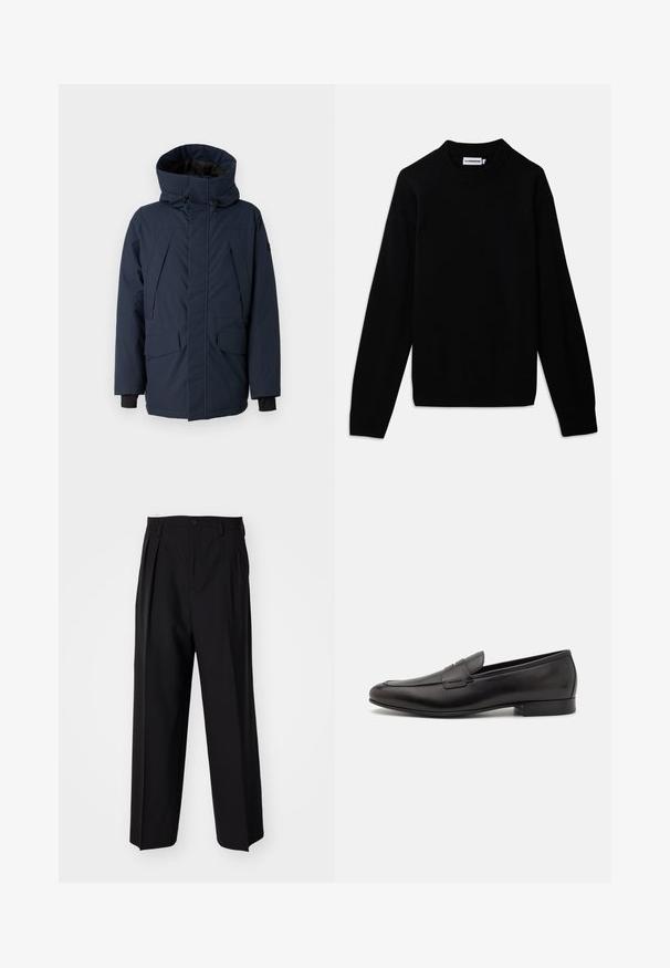 Ναυτικό μπλε μονωμένη παρκά με ψηλό γιακά, ρυθμιζόμενη κουκούλα, μπροστινό φερμουάρ και μεγάλες τσέπες με καπάκι. Διαθέτει ριμπ ύφανση στους καρπούς για ζεστασιά.; Μαύρος πουλόβερ με ριγωτό λαιμόκοψη, μακριά μανίκια και υφή πλεξίματος. Χωρίς ορατά λογότυπα ή διακοσμητικά στοιχεία.; Μαύροι πιέτες παντελόνια με ίσια, φαρδιά γραμμή. Κατασκευασμένα από λείο ύφασμα, με κλείσιμο με κουμπί και θηλιές για ζώνη.; Μαύρα δερμάτινα λουστρίνια με κομψό σχέδιο, στρογγυλή μύτη και χαμηλό σωρό τακουνιού. Διαθέτουν διακοσμητική ραφή στο πάνω μέρος.