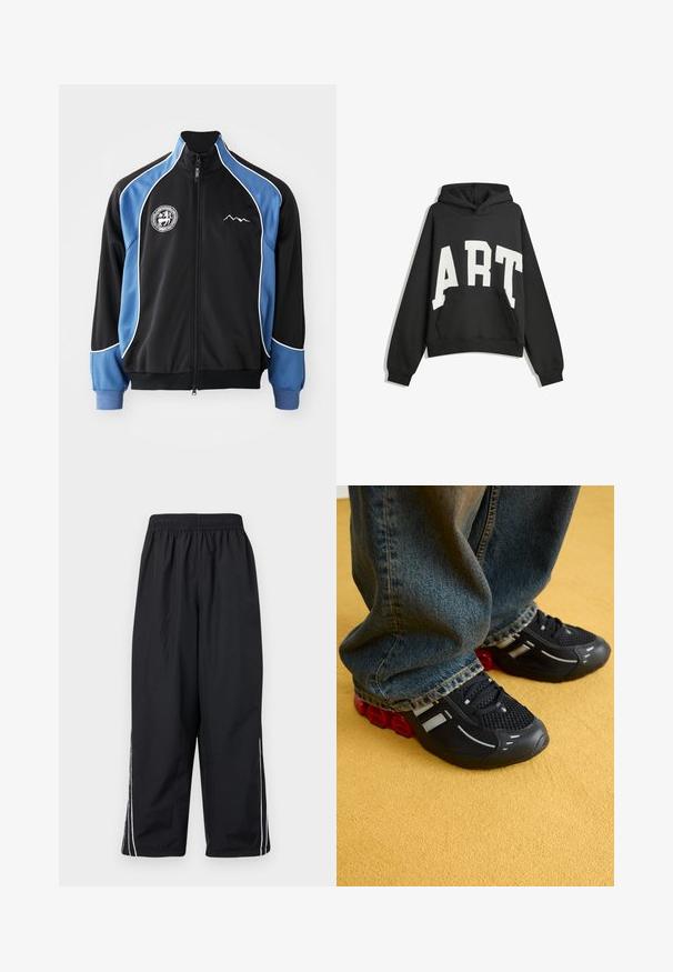 Mustat ja siniset urheiluhaalari, vetoketjullinen etuosa, kontrastoiva valkoinen päällystemateriaali, logopatch rintataskussa, ribattu hihansuu, sileä synteettinen kangas.; Mustapaita, jossa on valkoinen "ART"-teksti. Ominaisuuksiin kuuluu etutasku, pitkät hihat ja huppu. Valmistettu pehmeästä kankaasta, jossa on rento istuvuus.; Mustat, kevyet housut, jotka on valmistettu nailonista ja joissa on joustava vyötärö, valkoiset sivusuunnat ja löysä, lyhennetty malli.; Mustat urheilusandaalit, joissa on verkkokangas yläosassa, kiiltävät yksityiskohdat ja punainen vaimennus pohjassa, yhdistettynä sinisiin farkkuihin.