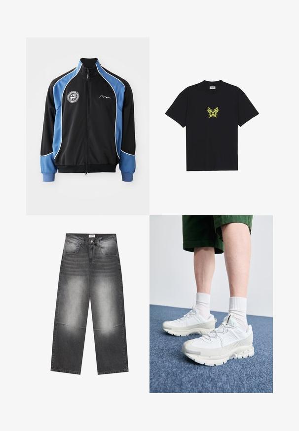 Fekete és kék sportzakó, zipzáros elülső rész, kontrasztos fehér díszítés, logóval ellátott folt a mellkason, bordázott mandzsetták, sima szintetikus anyag.; Fekete pamut póló, kicsi, sárga lángmintázatú pillangó grafikával a mellkason. Kerek nyakkivágás, rövid ujjak.; Széles lábú fekete farmernadrág enyhén szürkés, fakó befejezéssel, elülső zsebekkel, gombos záródással és enyhe kopásokkal a térdeken.; Fehér sportcipők texturált burkolattal, vastag talppal és szürke részletekkel. Fehér sportzoknival és zöld rövidnadrággal viselve, kék felületen.