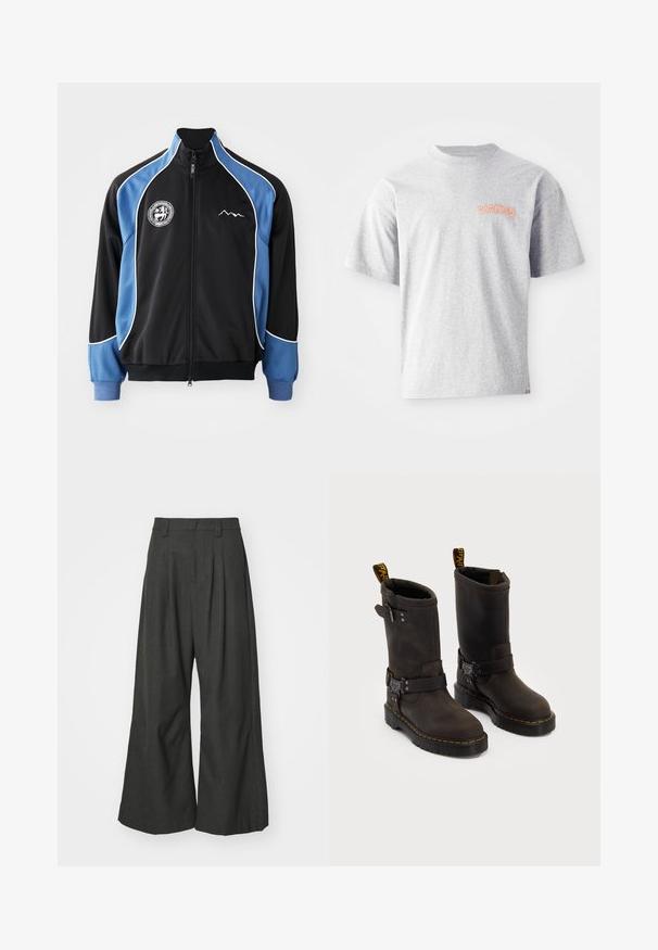 Svart och blå idrottsjacka, dragkedja fram, kontrasterande vit pipings, logotyp på bröstet, ribbade ärmar, slät syntetisk tyg.; Grå kortärmad T-shirt i bomull med rund halsringning och en orange broderad "DICKIES"-logotyp på vänster bröst.; Jaded London GOLIATH TROUSER UNISEX - Tygbyxor - grey; Mörkbruna läderstövlar med medellång design, gula sömmar, justerbara spännband och dragflikar upptill. Texturerad yta.