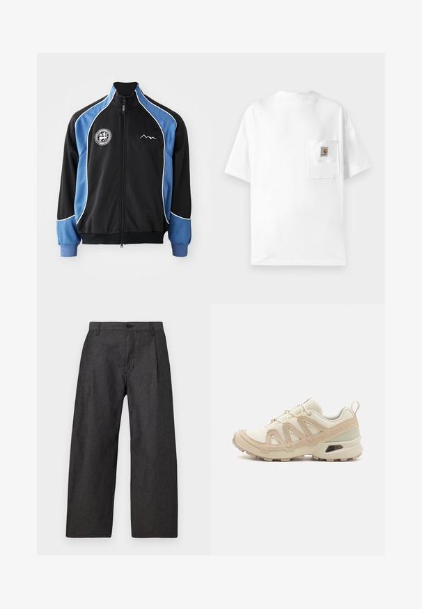 Jachetă sport neagră și albastră, cu fermoar frontal, mânere contrastante cu bordură albă, patch cu logo pe piept, manșete ribelate, dintr-un material sintetic neted.; Tricou alb din bumbac, cu guler rotund, mâneci scurte și un buzunar pe piept cu un patch logo. Design minimalist și textură fără cusături.; Pantaloni largi de culoare gri închis, confecționați dintr-un material texturat. Au un sistem de închidere cu buton în față și două buzunare laterale. Design minimalist, fără modele.; Pantofii sport bej și crem au un superior din plasă texturată, suprapuneri de susținere și o talpă din cauciuc cu un model de profil pentru aderență.
