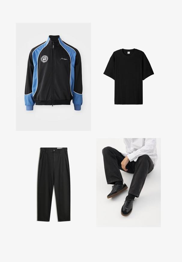 Black and blue athletic jacket, zippered front, contrasting white piping, logo patch on chest, ribbed cuffs, smooth synthetic fabric.; Black ribbed short-sleeve t-shirt with a round neck, featuring a relaxed fit and textured surface. Simple design; no graphics or accents.; Black cotton trousers with a relaxed fit, featuring a classic waistband, front pleats, and side pockets. Smooth texture without patterns.; Black sneakers with a smooth and textured upper, featuring a rubber sole and dark laces. Paired with black jeans and a white striped shirt.