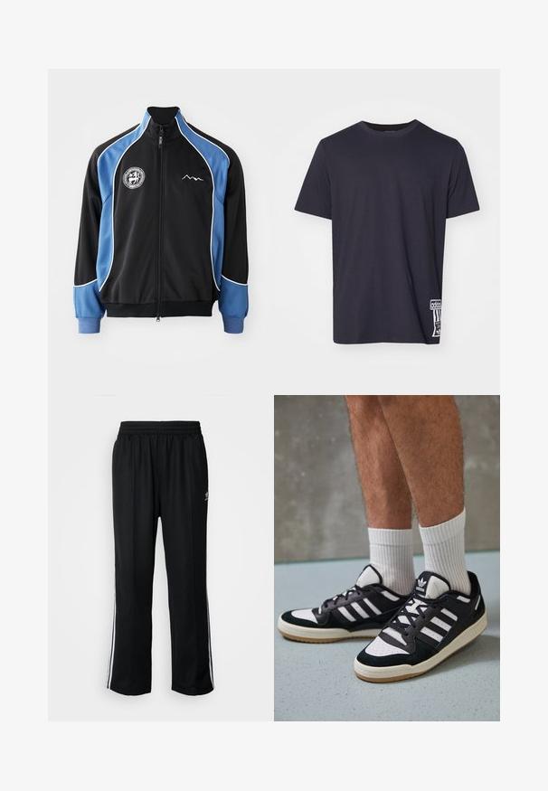 Melna un zila sporta jaka, ar ieeju priekšpusi, kontrastējošām baltajām apmalēm, logo uz krūtīm, ribota aproces, gluda sintētiska faktūra.; Melna kokvilnas t-krekls ar apaļu kakla izgriezumu, īsām piedurknēm un baltu logos uz apakšējās malas. Gluda tekstūra, regulāra piegriezuma.; Melni sporta bikses ar elastīgu jostas vietu, kurām ir baltas sānu svītras un neliels logotips. Materiāls izskatās mīksts un viegls.; Melnas un baltas kedas ar zamša un ādas augšdaļu, kas aprīkotas ar trim baltām svītrām, perforētu purngali un gumijas zolēm.