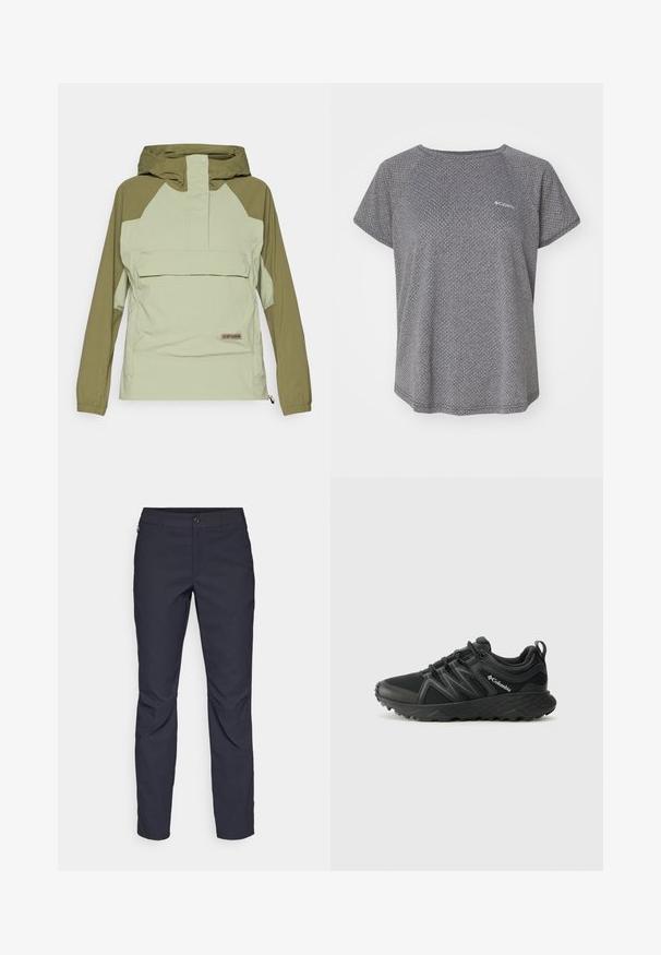 Jachetă anorak de culoare verde deschis și măsliniu, cu glugă, având un buzunar frontal, manșete elastice și un patch cu marcă. Materialul pare neted și ușor.; Cămașă gri cu mânecă scurtă, având un model texturat subtil, decolteu rotund și logo-ul Columbia pe piept. Material moale, croială lejeră.; Pantaloni bleumarin dintr-un material neted, cu închidere frontală cu buton, croială slim-fit și detalii pliate la genunchi.; Columbia PEAKFREAK - Pantofi drumeție - black