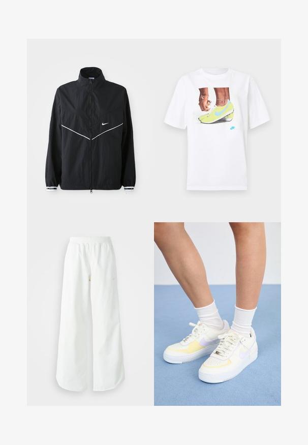 Μαύρο αδιάβροχο μπουφάν με ψηλό γιακά, πλήρη φερμουάρ, λευκές διακριτικές γραμμές και λογότυπο. Διαθέτει ελαστικές μανσέτες με αντίθετο φινίρισμα. Ελαφρύ υλικό.; Λευκό βαμβακερό μπλουζάκι που απεικονίζει μια γραφική αναπαράσταση ποδιών με κίτρινα παπούτσια Nike και μπλε λεπτομέρειες, συνδυασμένο με ένα βραχιόλι στον αριστερό καρπό.; Λευκό αθλητικό παντελόνι σε φαρδιά γραμμή με ραμμένο ζώνη και διακριτική λεπτομέρεια λογότυπου. Απαλή υφή με άνετη εφαρμογή και στενό στρίφωμα.; Λευκά δερμάτινα αθλητικά παπούτσια με κίτρινες και λιλά λεπτομέρειες, στρογγυλή μύτη, επίπεδες κορδόνια και υφασμάτινη σόλα από καουτσούκ με υφή. Φοριούνται με λευκές κάλτσες.