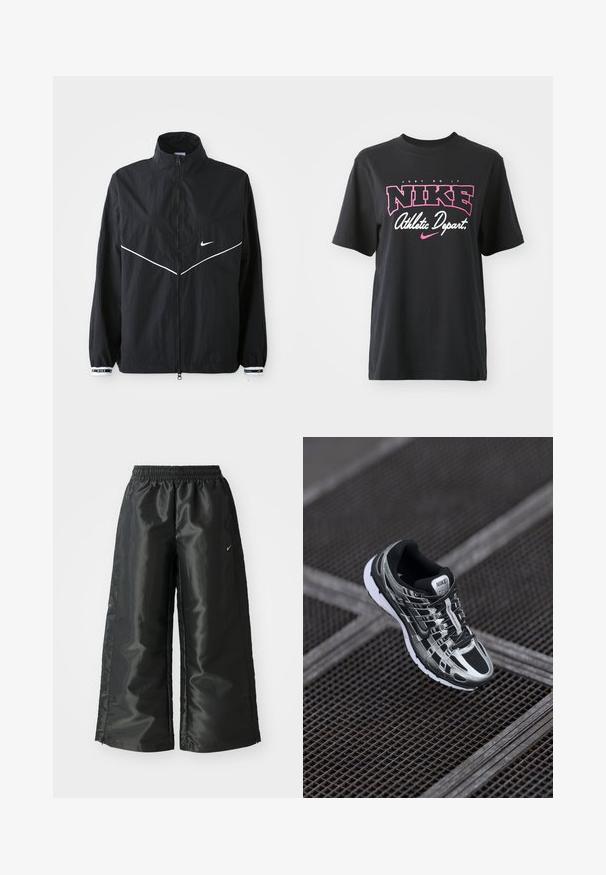 Melnā vējjakā ar augstu apkakli, pilnu rāvējslēdzēju, baltām akcenta līnijām un logo. Iespējas elastīgas piedurknes ar kontrastējošu apdari. Viegls materiāls.; Melnas kokvilnas T-krekls ar rozā un baltu grafisko printu, kurā ir teksts "TIKAI DARĪT", "NIKE" un "Sporta nodaļa". Standarta piegriezums.; Melnas sporta bikses ar spīdīgu, gludu audumu, aprīkotas ar elastīgu jostu, platām kājām un mazu logotipu kreisajā pusē.; Nike skriešanas apavi ar melnas un sudraba krāsas shēmu, acs augšdaļu, teksturētu zoli un saistes sistēmu drošai piegulšanai.
