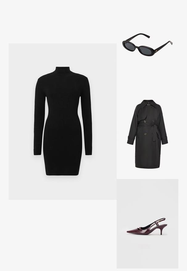 Abrigo negro de trench de tejido suave, con cintura ceñida por un cinturón, frente de doble botonadura con botones redondos y un cuello clásico.; Vestido negro de manga larga con silueta ajustada y cuello alto, confeccionado con un tejido texturizado que ofrece un aspecto liso y elegante.; Zapatos de tacón en color burdeos con punta afilada, acabado de cuero brillante, pequeño corte en la parte delantera y un delgado tacón de aguja con acentos dorados.; Gafas de sol grandes de color negro con lentes ovalados, montura de plástico suave y detalles dorados en las patillas. Los lentes oscuros ofrecen protección solar.; Pepe Jeans GRACEY - Bolso de mano - burgundy red