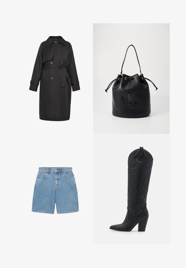 Crni plašt iz gladkega materiala, z pasom, dvojno zapenjanjem na sprednji strani z okroglicami in klasičnim ovratnikom.; Pulover z dolgimi rokavi in okruglim izrezom, pleten v temno burgundski barvi, z rebrastimi manšetami in spodnjim robom, prikazan na belem ozadju.; Jeans kraće hlače u svijetloplavoj boji, s visokim strukom, četiri džepa i vidljivim šavovima. Izrađene su od teksturiranog denima.; Zign Škornji v kavbojskem/motorističnem slogu - black; Črna usnjena torba v obliki zaboja z vrvico za zapiranje, ki ima na sprednji strani sijajni logo "CK" in zlate kovinske dodatke.