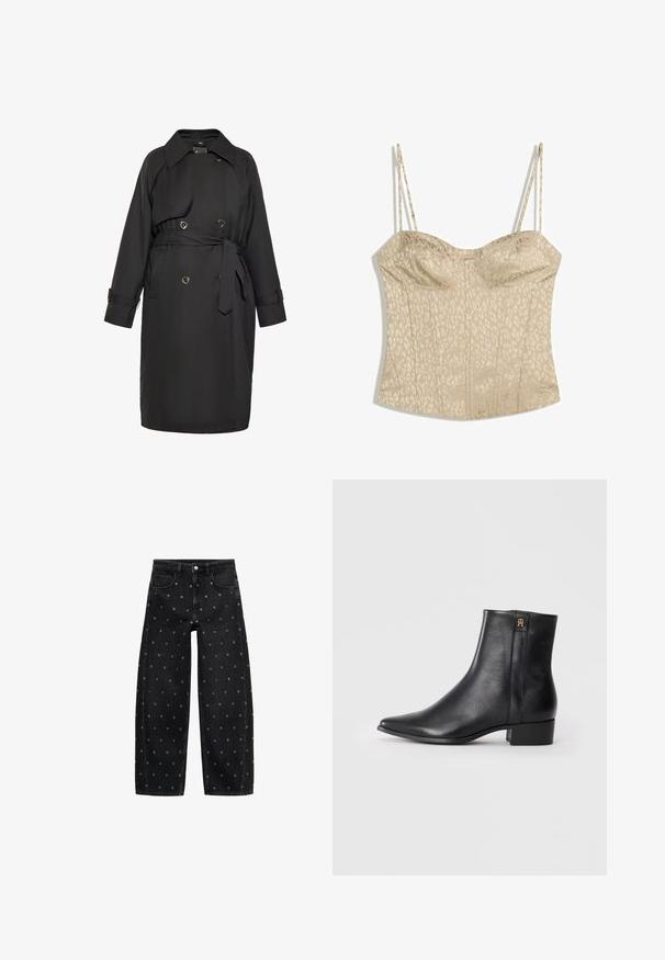 Zwarte trenchcoat van soepel stof, met een ceintuur rondom de taille, een dubbelzijdige voorkant met ronde knopen en een klassieke kraag.; Beige corset top met luipaardprint, met dunne verstelbare bandjes, een gestructureerd ontwerp en verticale stiksels voor vorm.; Zwarte denim wide-leg jeans met een patroon van kleine zilveren oogjes, met een klassieke vijf-pocket design en een knoopsluiting aan de voorkant.; Zwarte leren enkellaarzen met een puntige neus, een gladde textuur, een lage blokhak en een gouden accentlogo op de zijkant.