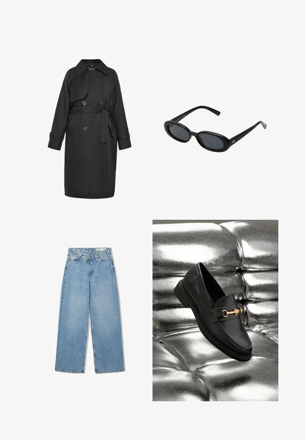 Cappotto trench nero realizzato in tessuto liscio, dotato di vita con cintura, chiusura doppiopetto con bottoni rotondi e colletto classico.; Maglietta bianca a maniche lunghe, con scollo rotondo, vista da dietro, posata piatta su uno sfondo bianco.; Jeans azzurri a gamba larga realizzati in denim, con vita alta, cinque tasche, chiusura a bottone e una leggera scoloritura per aggiungere texture.; Mocassino in pelle nera con dettagli in metallo dorato. La scarpa presenta un design elegante e una texture liscia e lucida.; Occhiali da sole neri oversize con lenti ovali, montatura in plastica liscia e accenti dorati sulle tempie. Le lenti scure offrono protezione dal sole.